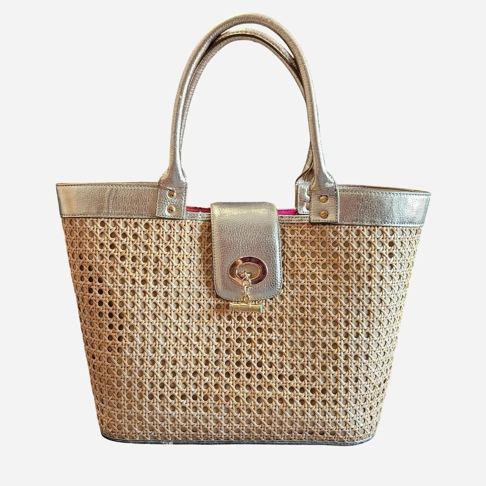 Lilly Pulitzer Tan Woven Tote with Metallic Gold Trim